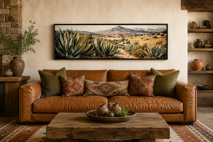 Horizontal framed canvas wall art of agave plants in a desert landscape above a leather sofa.