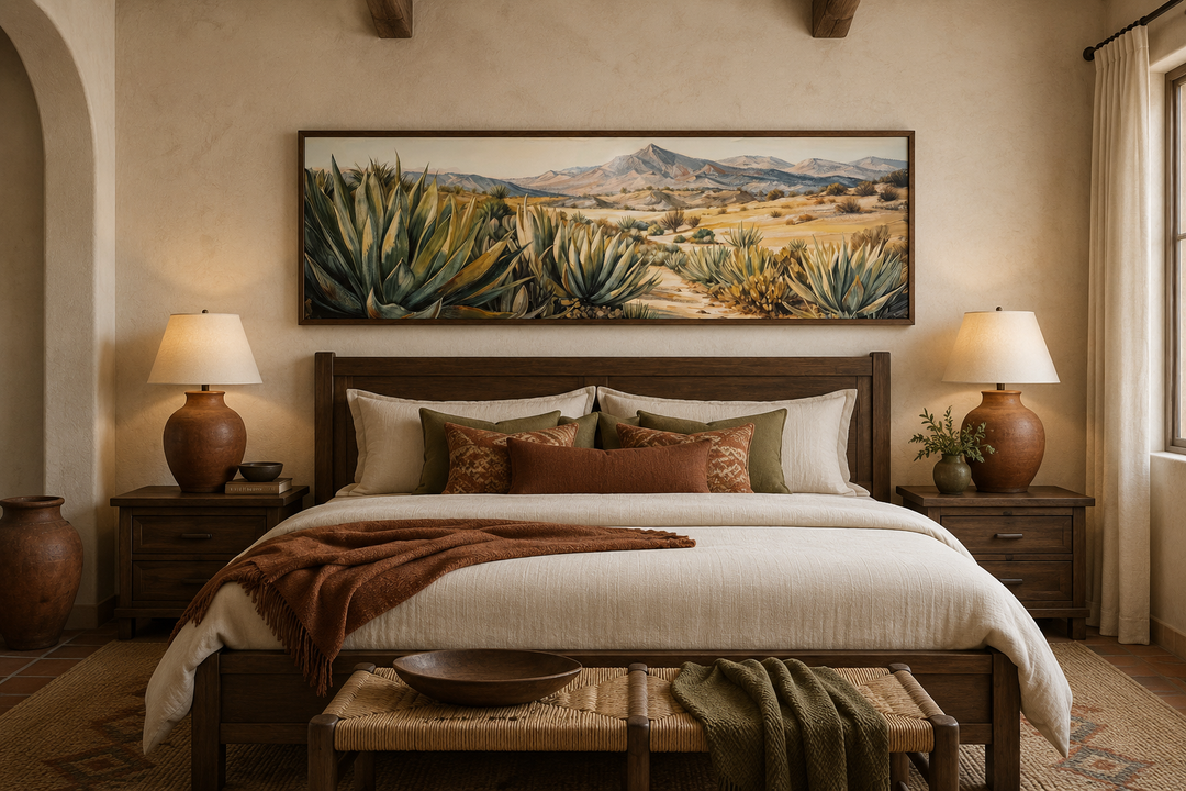 Agave in the Desert horizontal framed canvas wall art hanging above a bed in a rustic room.
