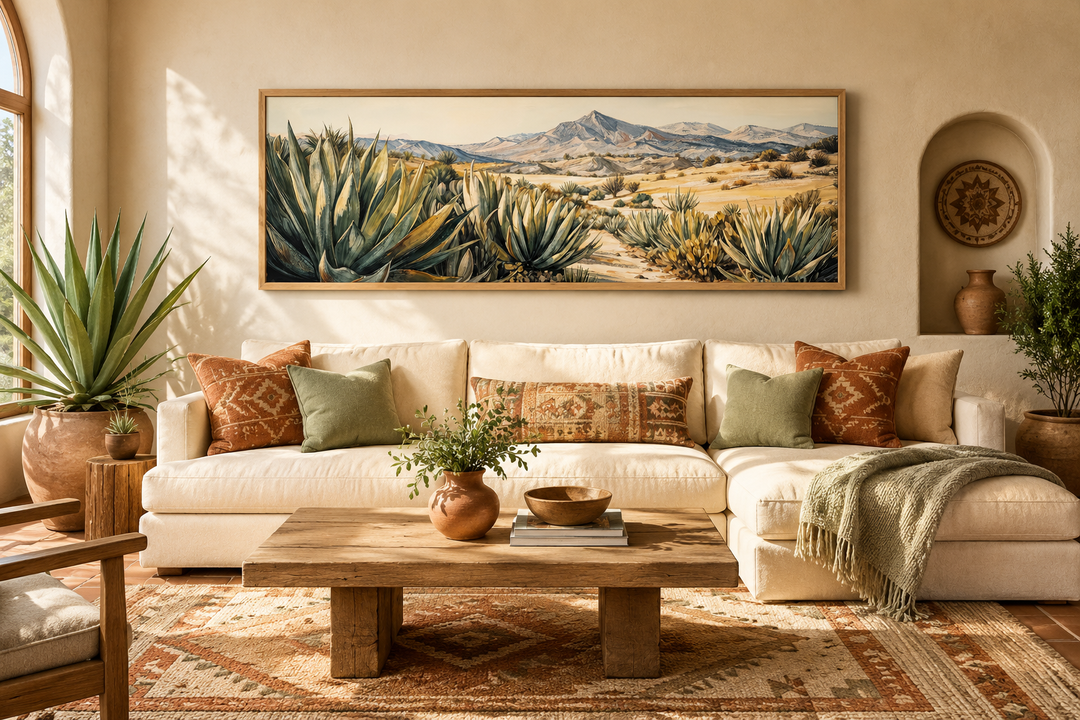 Horizontal framed canvas wall art of agave plants in a desert landscape above a white sofa.