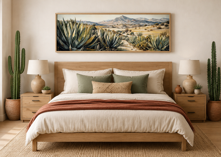 Horizontal framed canvas wall art of agave plants in a desert landscape above a wooden bed.
