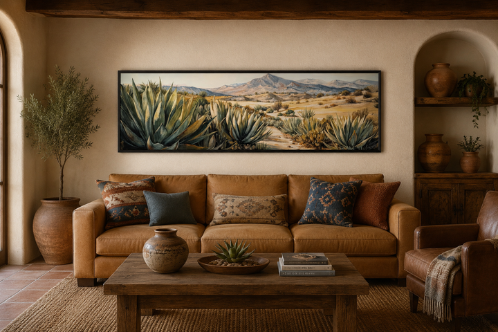 Horizontal framed canvas wall art of agave plants in a Southwestern desert landscape above a sofa.