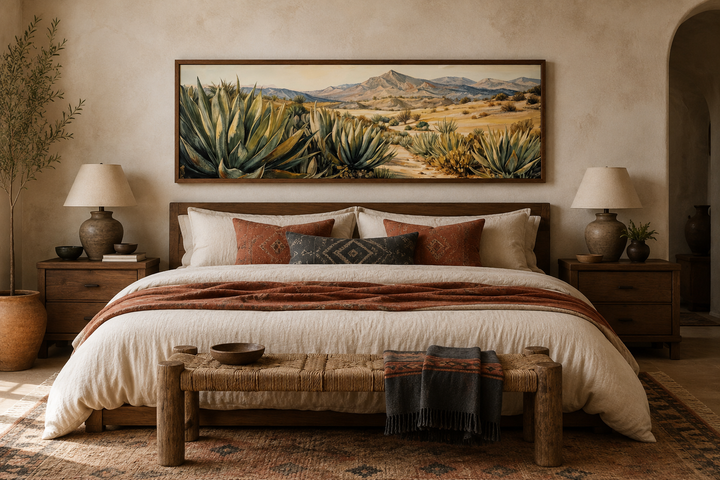 Horizontal framed canvas wall art of agave plants in a Southwestern desert landscape above a bed.