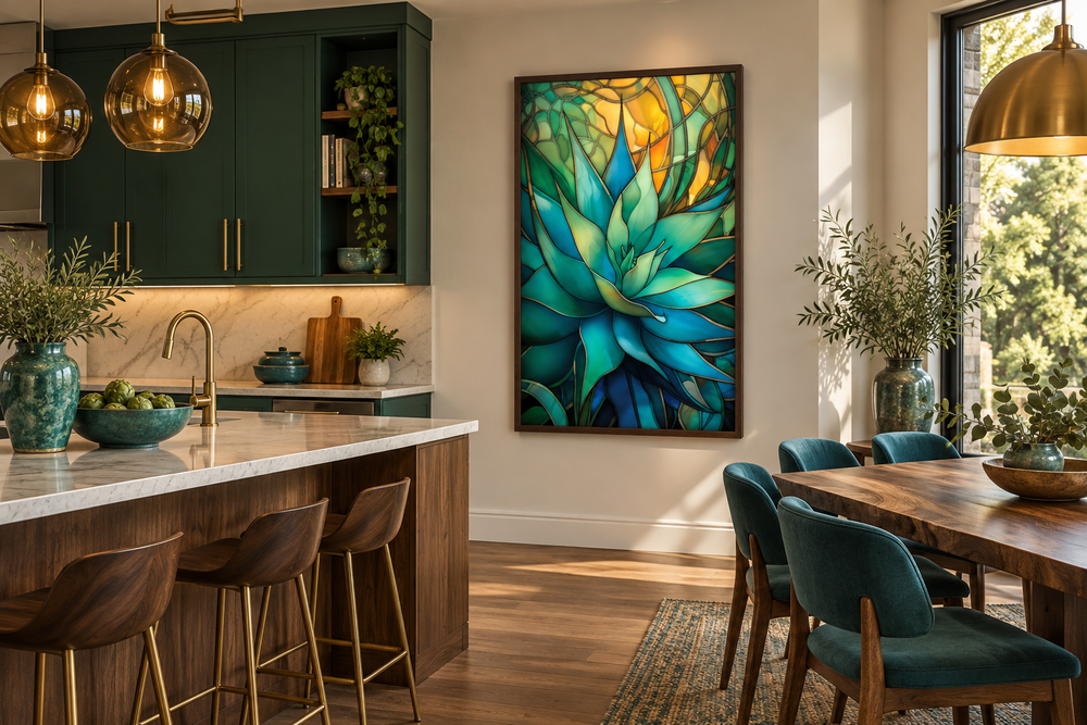 Vertical stained glass style wall art of a vibrant green and blue agave plant in a modern kitchen.