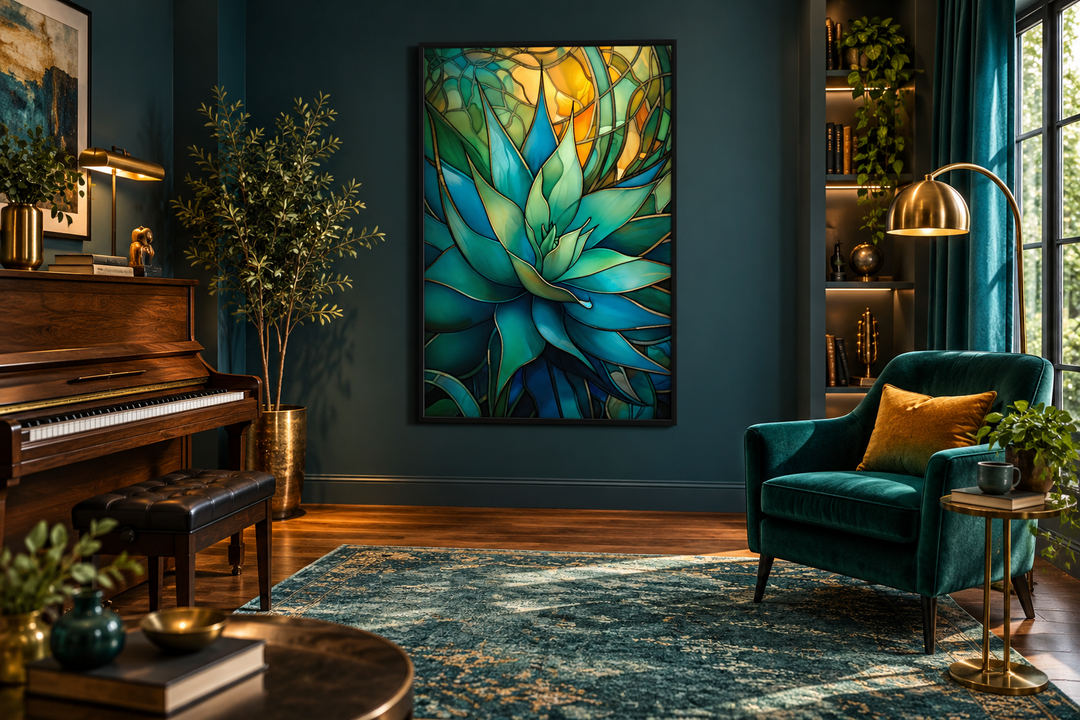 Stained glass style agave plant wall art in a teal living room with a piano and velvet chair.