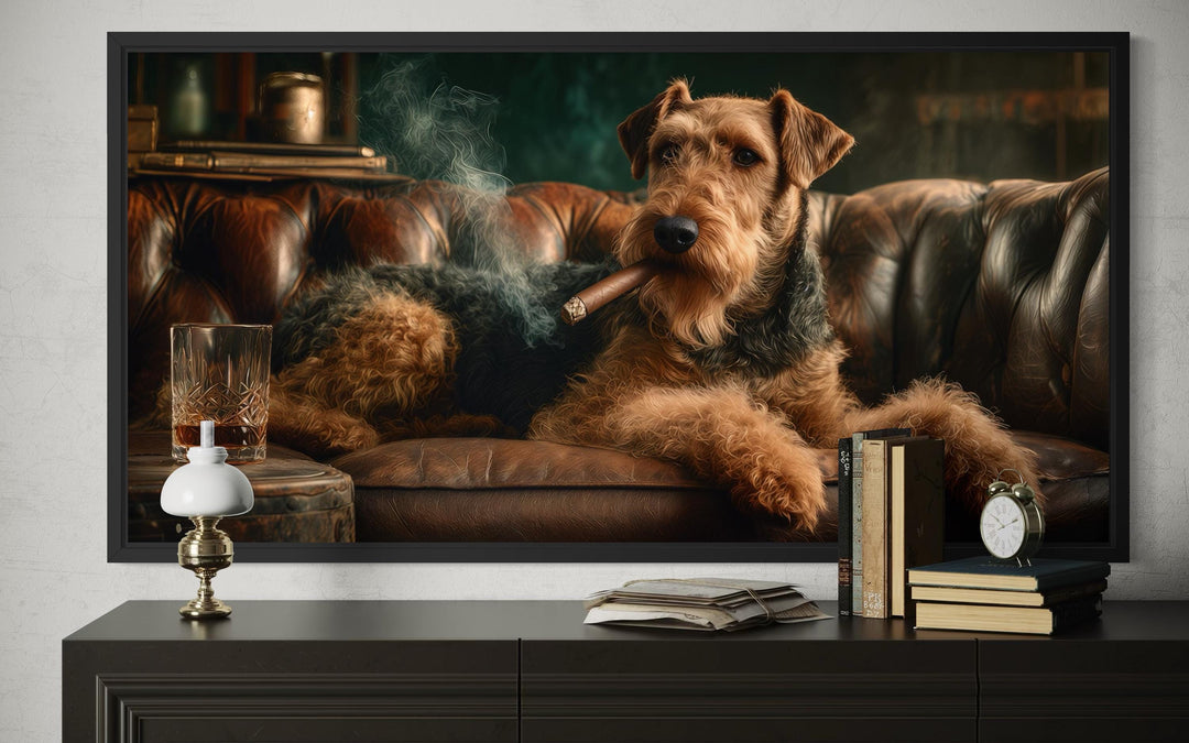 Airedale Terrier Drinking Whiskey and Smoking Cigar Canvas Wall Art