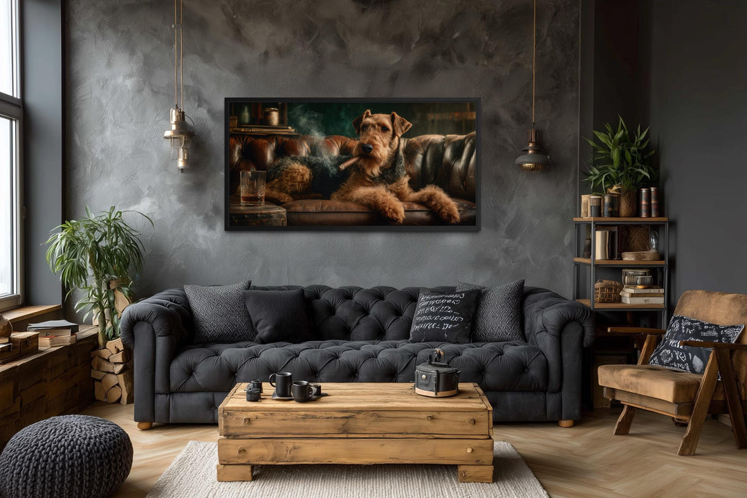 Airedale Terrier Wall Art - Rustic Dog Painting | Whiskey Lounge Print Decor for Men