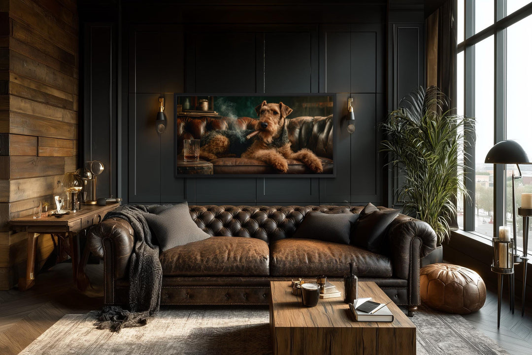 Airedale Terrier Wall Art - Rustic Dog Painting | Whiskey Lounge Print Decor for Men