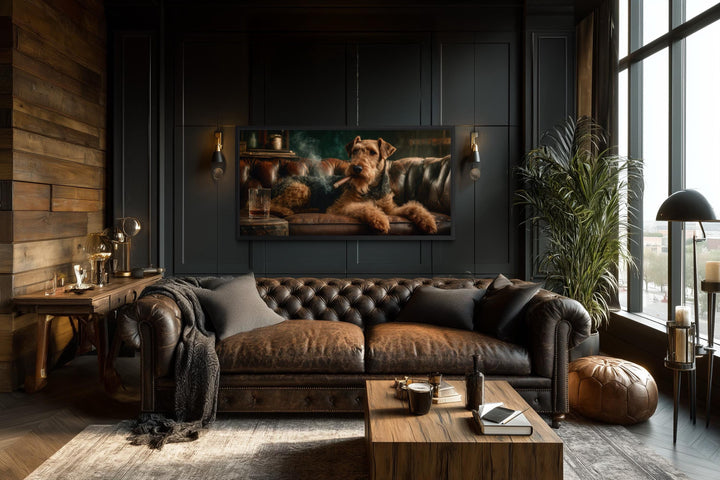 Airedale Terrier Wall Art - Rustic Dog Painting | Whiskey Lounge Print Decor for Men