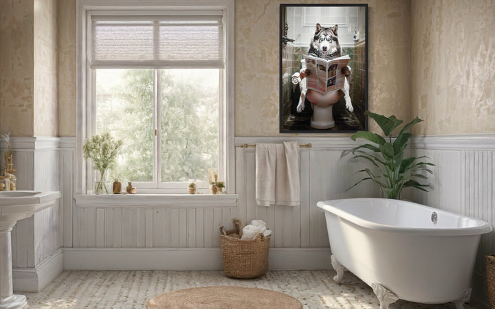 Alaskan Husky Dog On The Toilet Reading Newspaper Picture