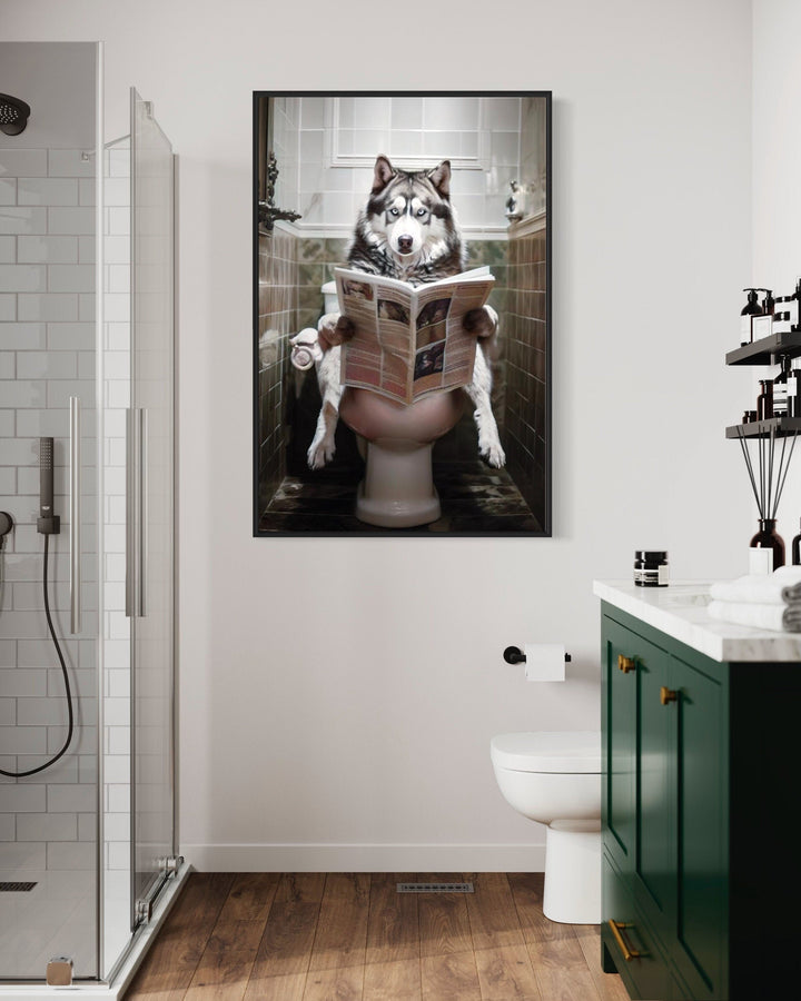 Alaskan Husky Dog On The Toilet Reading Newspaper Picture