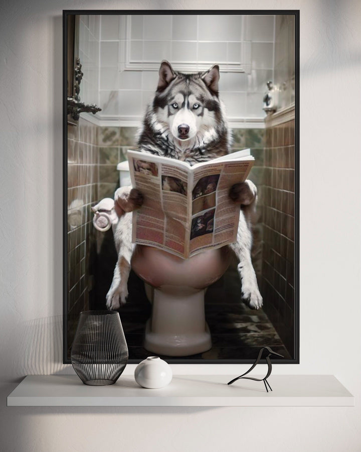 Alaskan Husky Dog On The Toilet Reading Newspaper Picture