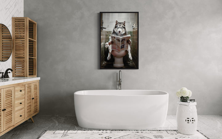 Alaskan Husky Dog On The Toilet Reading Newspaper Picture