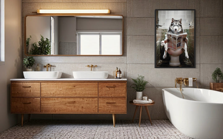 Alaskan Husky Dog On The Toilet Reading Newspaper Picture