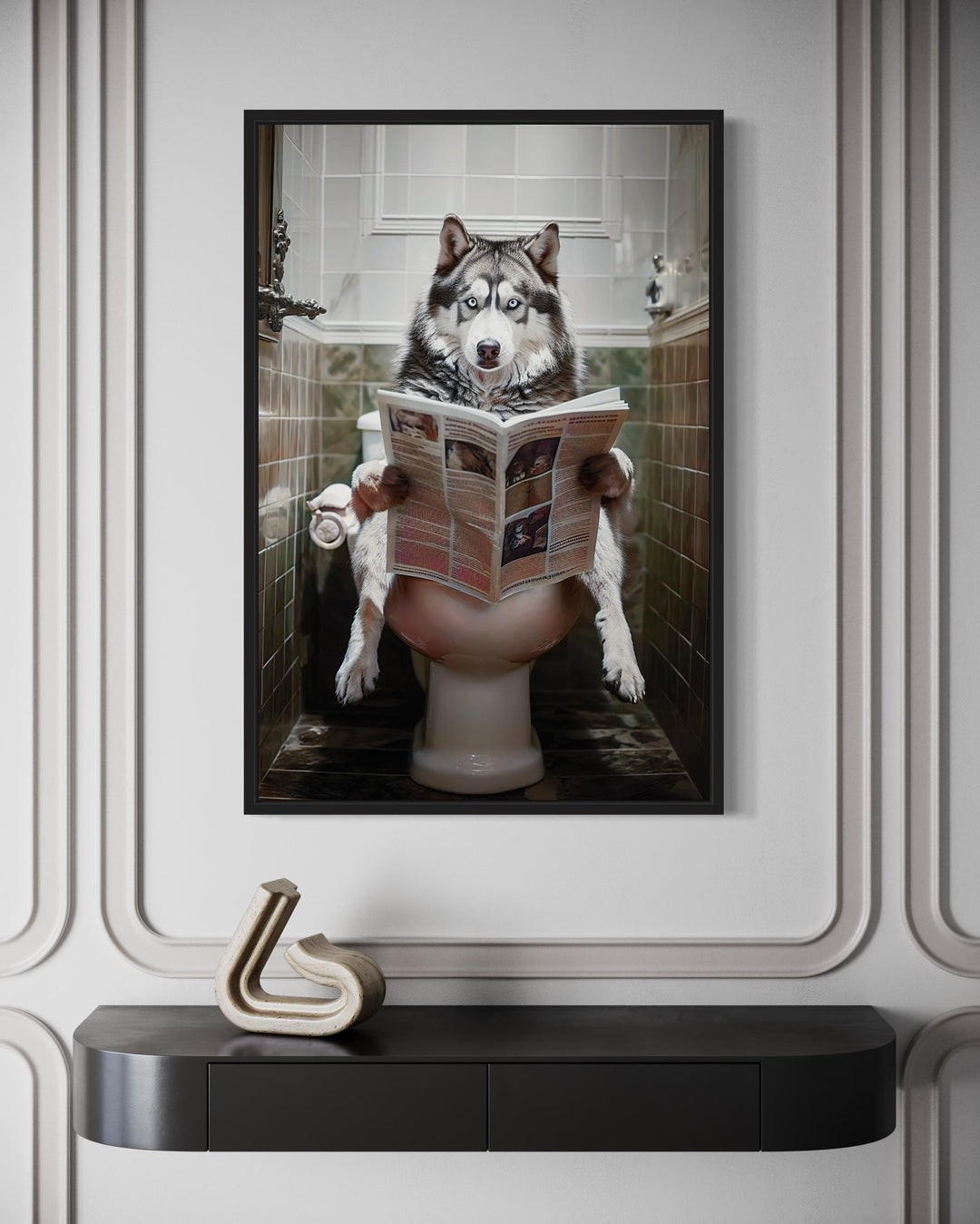 Alaskan Husky Dog On The Toilet Reading Newspaper Picture