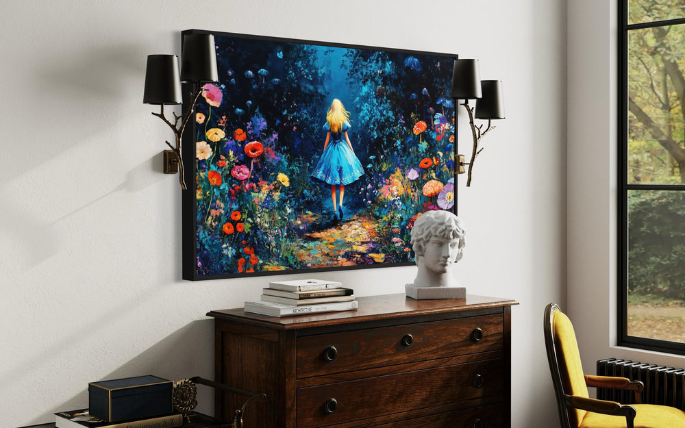 Library Wall Decor - Alice In Wonderland In Magical Forest Framed Canvas Wall Art