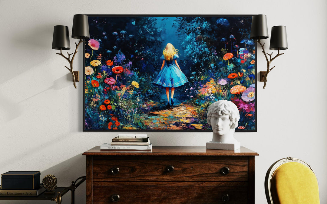 Library Wall Decor - Alice In Wonderland In Magical Forest Framed Canvas Wall Art