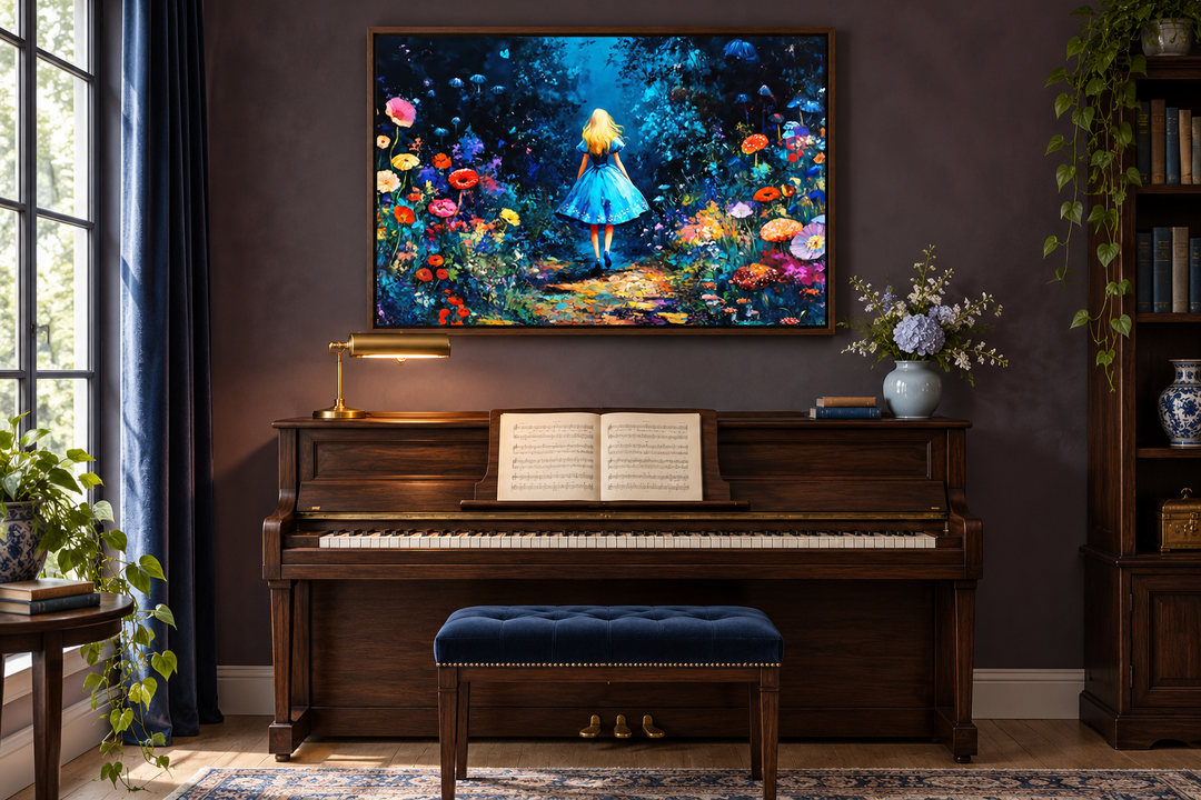 Alice in Wonderland in a magical forest framed canvas wall art hanging above a piano.