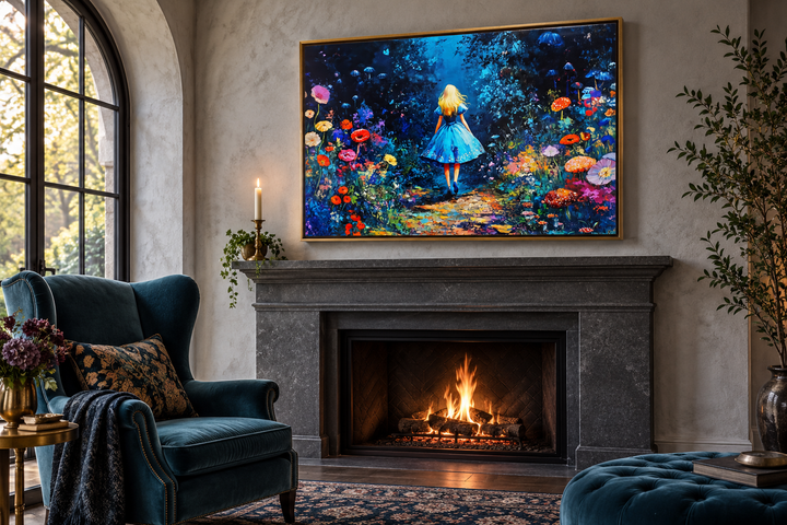 Alice in Wonderland in a magical forest framed canvas wall art hanging above a stone fireplace.