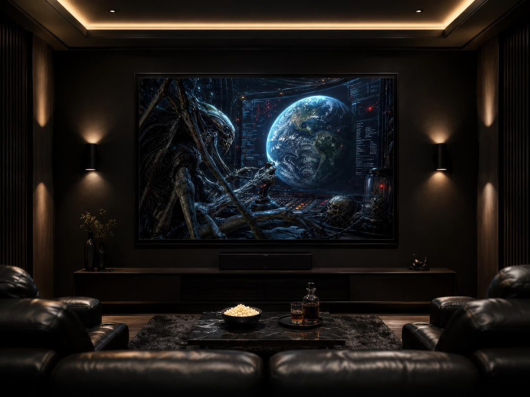 Alien Commander wall art canvas print featuring a dark sci-fi scene in a modern home theater room.