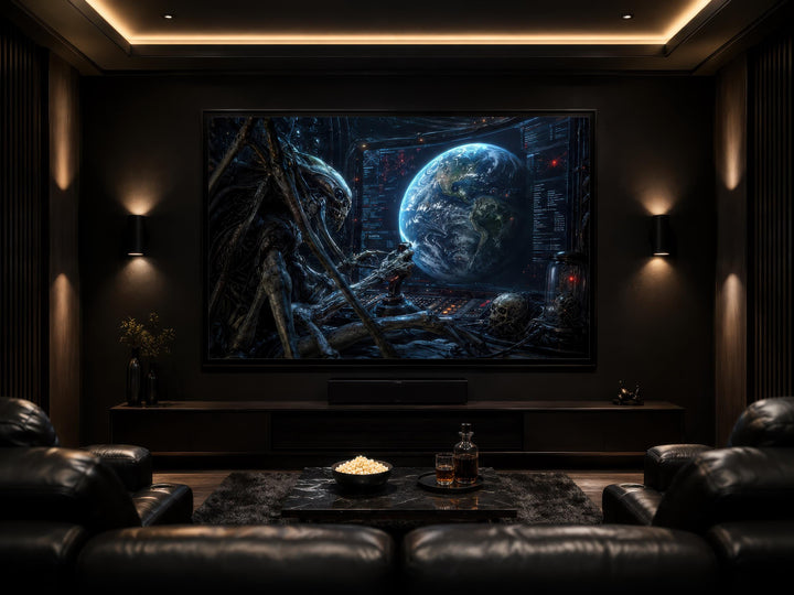 Alien Commander wall art canvas print featuring a dark sci-fi scene in a modern home theater room.