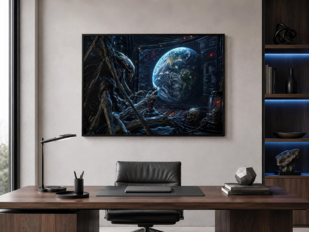 Alien Commander wall art canvas featuring a sci-fi creature in a cockpit overlooking Earth.