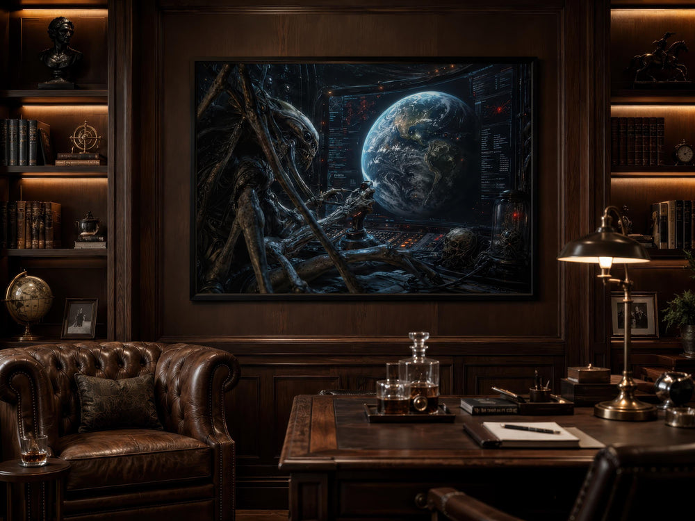 Alien Commander wall art canvas print featuring a dark sci-fi scene in a wood-paneled office.