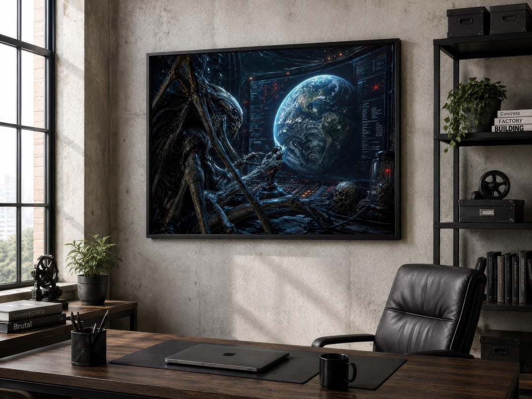 Alien Commander wall art canvas print featuring a dark sci-fi scene in a modern office setting.
