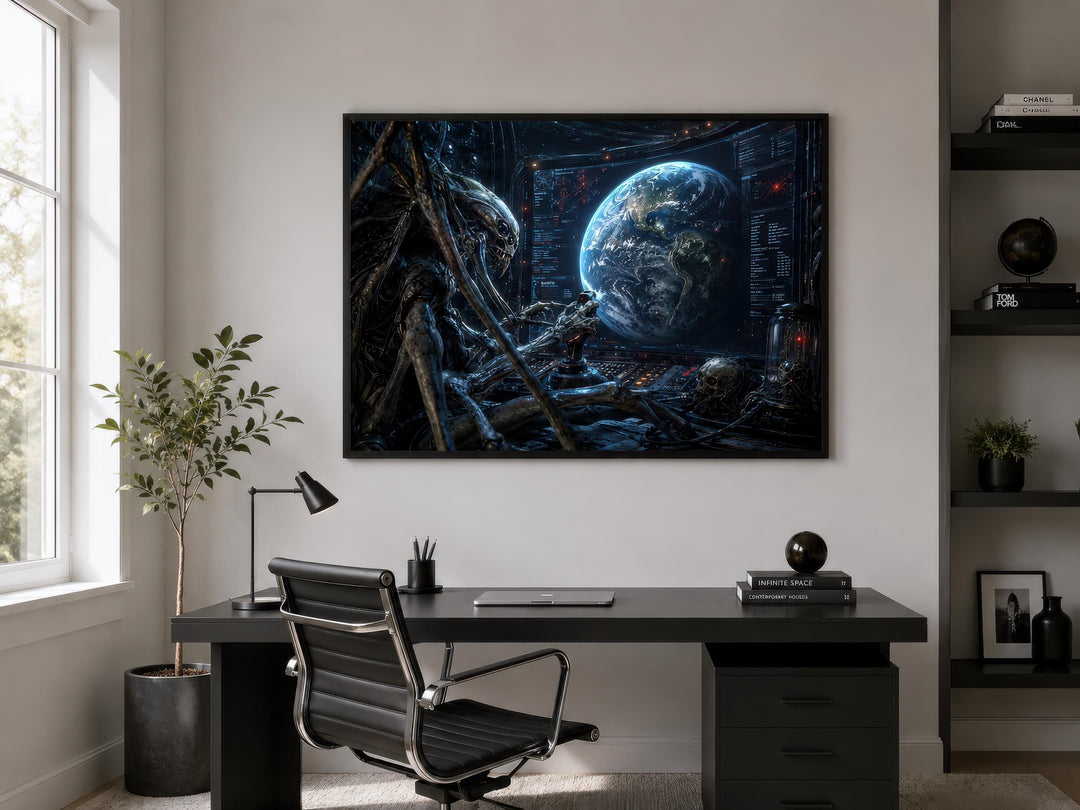 Alien Commander wall art canvas featuring a dark sci-fi scene above a desk in a modern home office.