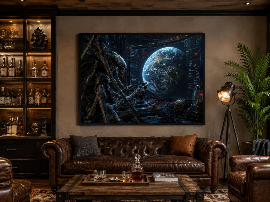Alien Commander sci-fi canvas print displayed above a brown leather sofa in a dark man cave.