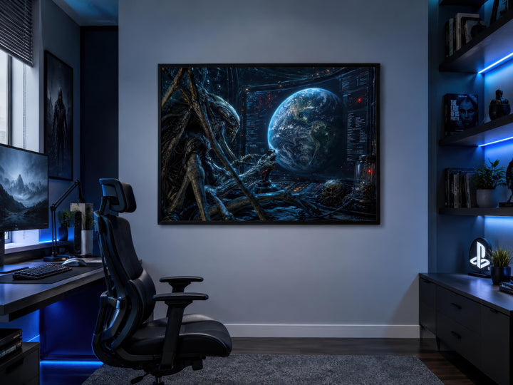 Alien Commander wall art canvas print featuring a sci-fi creature overlooking Earth from space.
