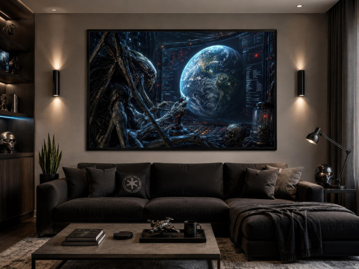 Alien Commander wall art canvas print featuring a sci-fi creature overlooking Earth in a man cave.