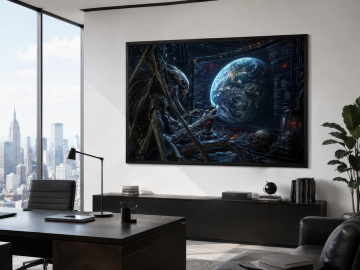 Alien Commander wall art canvas print featuring a dark sci-fi scene in a modern office setting.