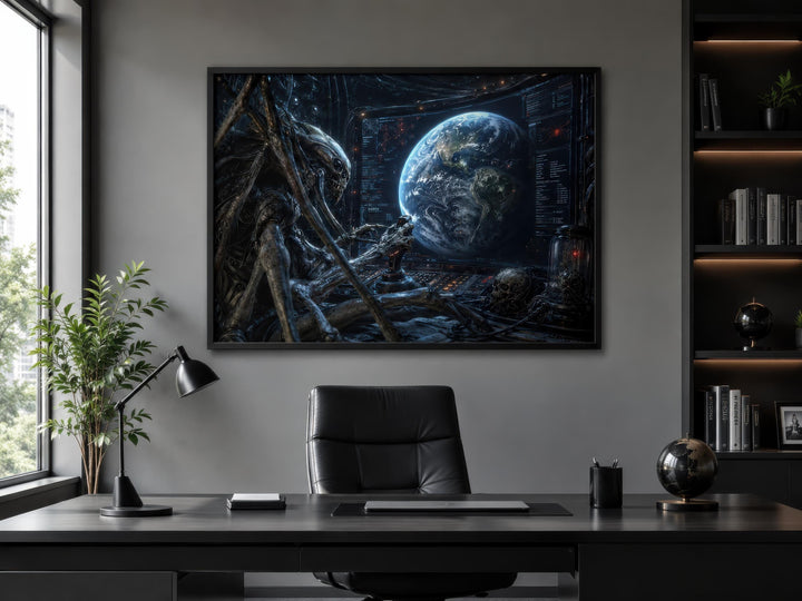 Alien Commander wall art canvas print hanging in a modern dark office above a black desk.