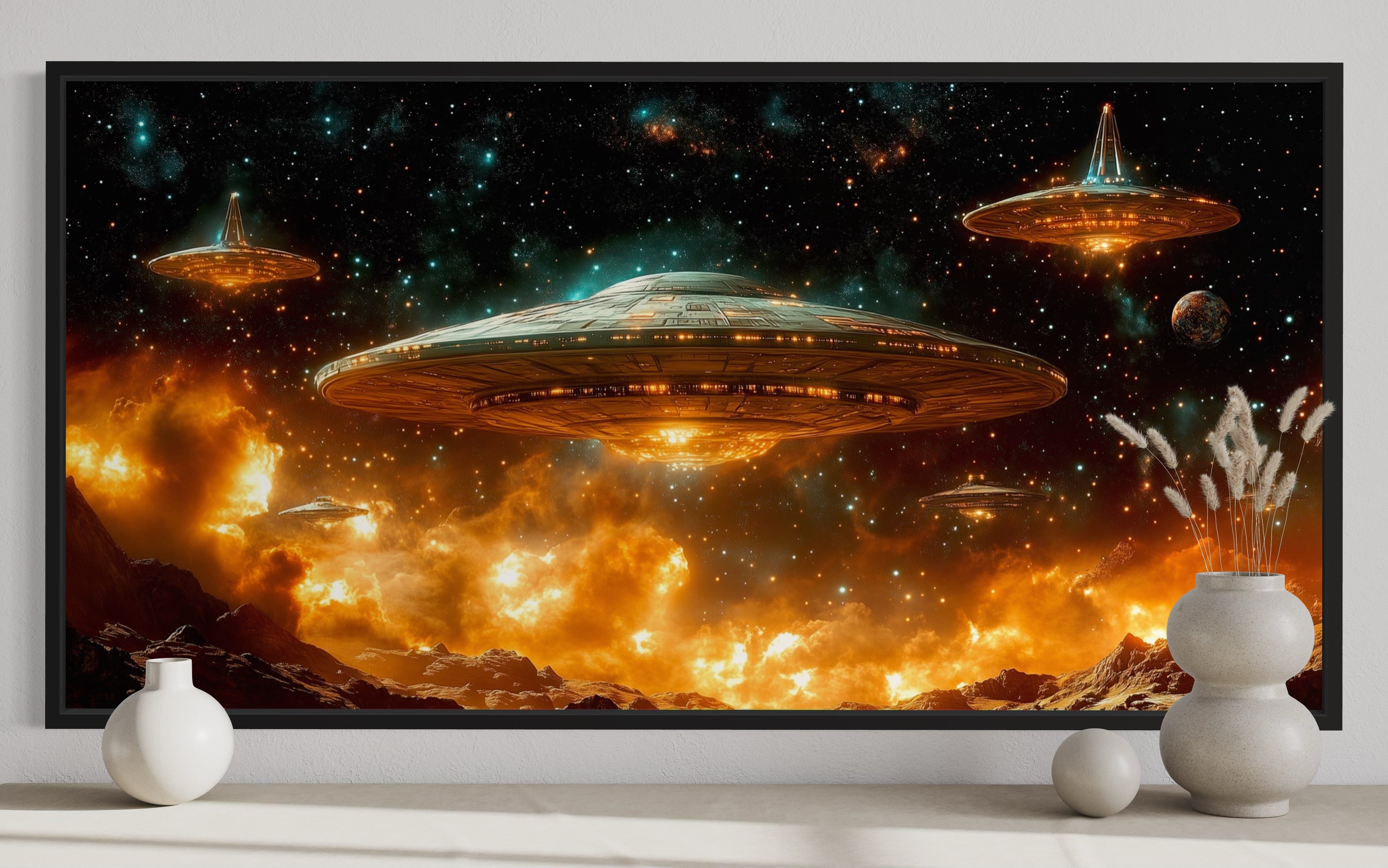 【SHUNER】Framed canvas Alien Invasion Canvas Wall Art | Space Sci Fi Decor – Wall Decor