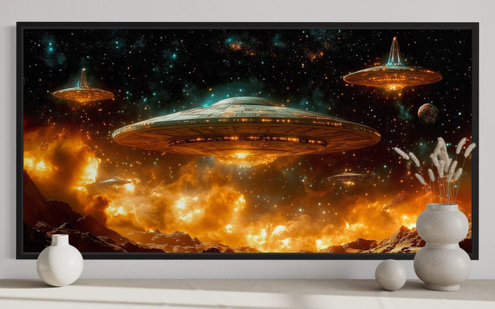 Alien Invasion Space Sci Fi Framed Canvas Wall Art