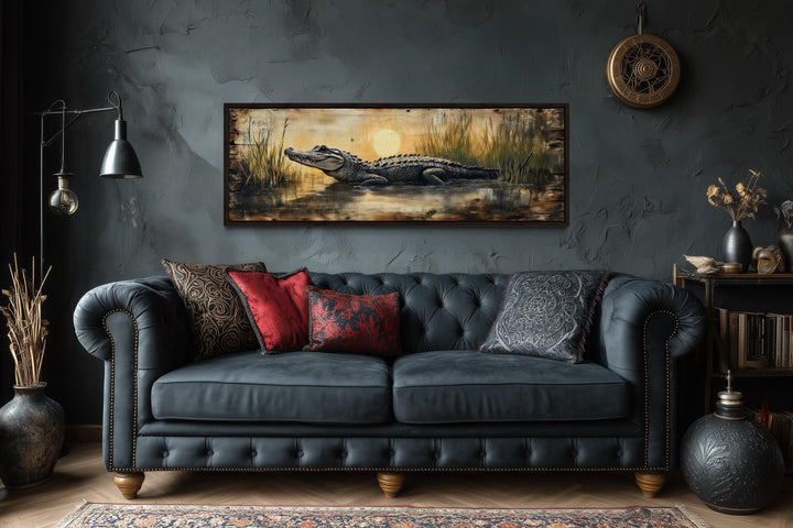 Alligator In Marshland Sunset Long Horizontal Canvas Wall Art