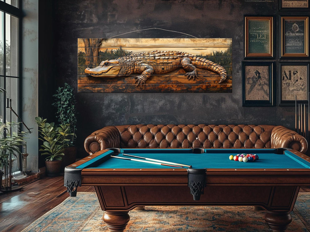 Alligator rustic distressed wood wall art featuring a detailed reptile on horizontal wood planks.