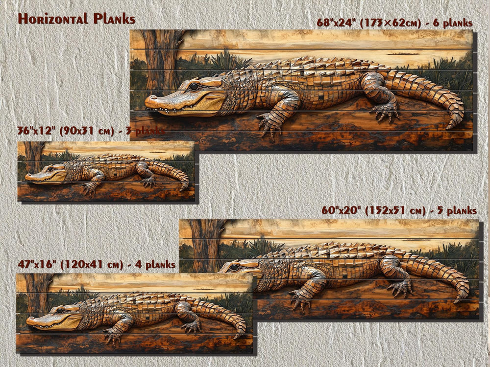 Rustic alligator wall art printed on horizontal wood planks in four different size options.