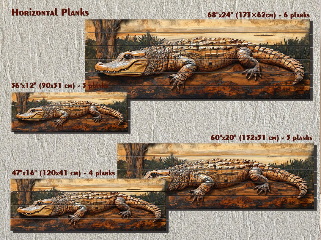 Rustic alligator wall art printed on horizontal wood planks in four different size options.
