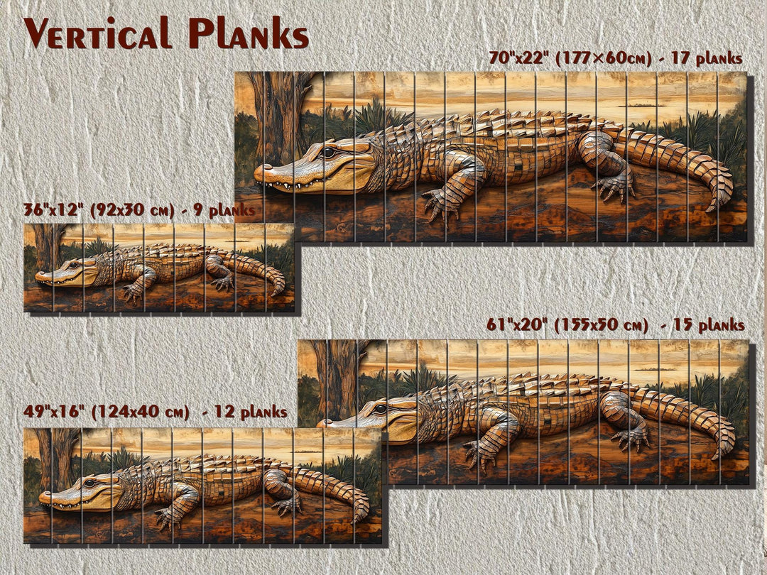 Rustic alligator wall art printed on vertical wood planks in four different size options.