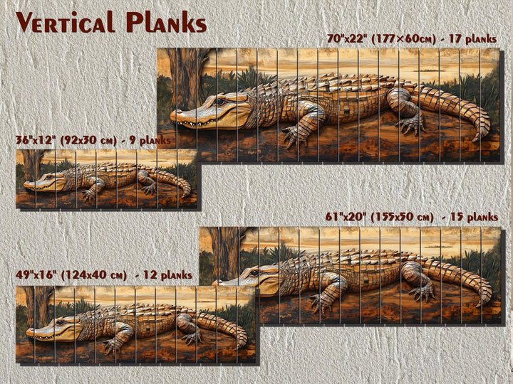 Rustic alligator wall art printed on vertical wood planks in four different size options.