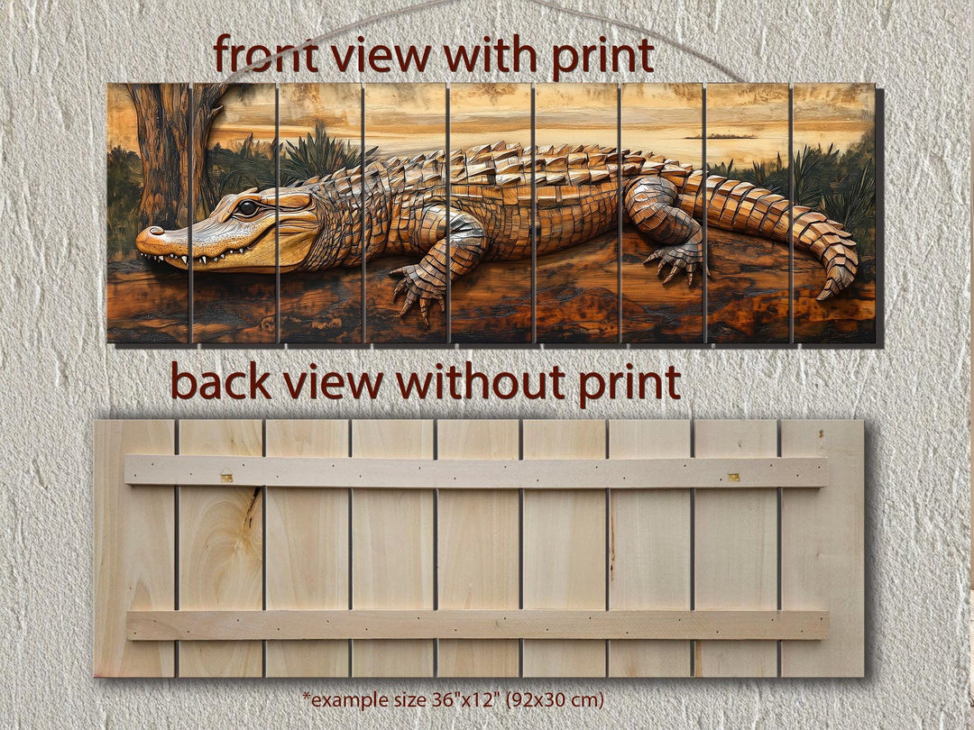 Front and back views of a rustic wood wall art piece featuring a detailed alligator print.
