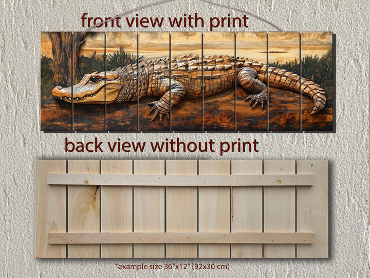 Front and back views of a rustic wood wall art piece featuring a detailed alligator print.