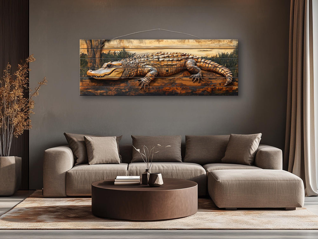Alligator rustic distressed wood wall art featuring a detailed reptile on horizontal wood planks.