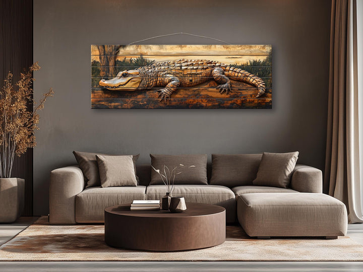 Alligator rustic distressed wood wall art featuring a detailed reptile on horizontal wood planks.