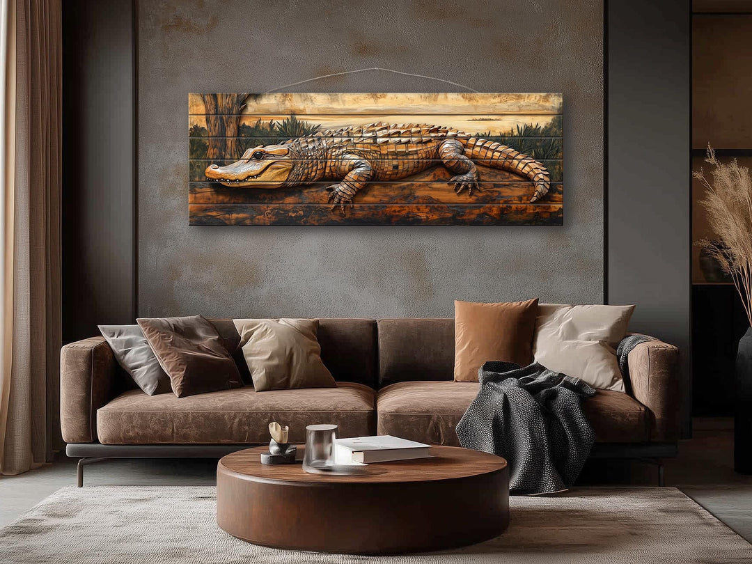 Alligator rustic distressed wood wall art hanging above a brown sofa in a modern living room.