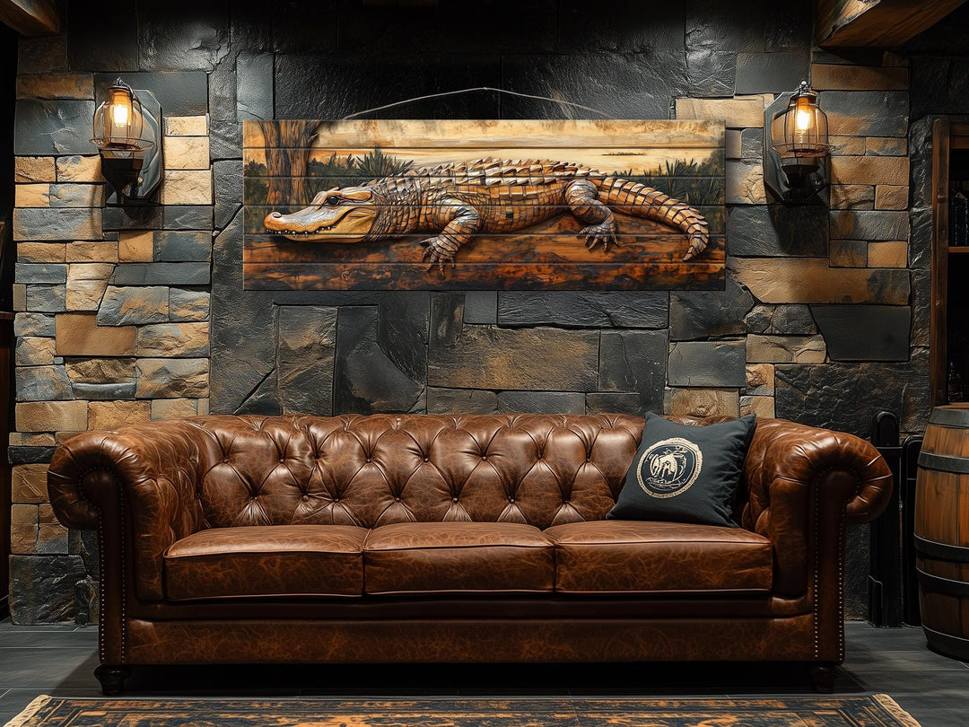 Alligator rustic distressed wood wall art hanging above a brown leather sofa in a lodge-style room.