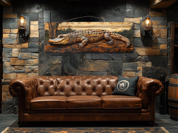 Alligator rustic distressed wood wall art hanging above a brown leather sofa in a lodge-style room.