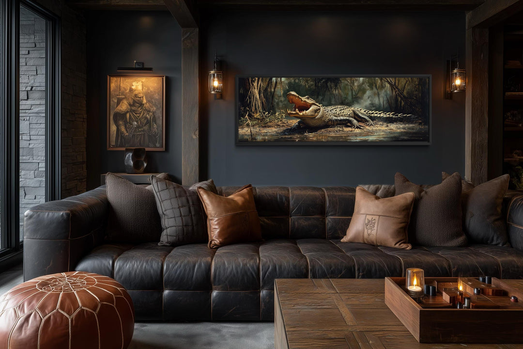 Horizontal canvas print of an alligator in a swamp, styled for a dark, rustic man cave.
