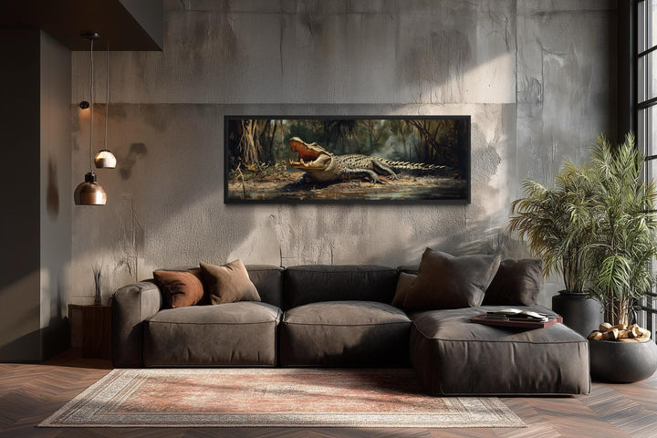Horizontal canvas print of an alligator in a swamp, styled as man cave wildlife wall decor.